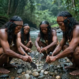 photo of asian prehistoric people, asemble at the river bank, make stone adze from pebble at the river bank in the rainforest, pretty and handsome face, high qulity realistic face, hyper - realistic, highly detailed, 8 k, cinematic lighting, global illumination, elegant, ornate, super detail, the light is dim, and the colours are muted. kodak etkar 1 0 0