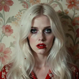 a beautiful but sinister woman in layers of fear, with haunted eyes and platinum hair, 1 9 7 0 s, seventies, floral wallpaper, delicate embellishments, a little blood, crimson, painterly, offset printing technique, by william russell flint