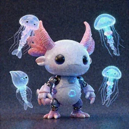 cute! biomechanical axolotl, ghost shrimp, Barreleye fish, translucent SSS xray, Barreleye, rimlight, jelly fish dancing, fighting, bioluminescent screaming pictoplasma characterdesign toydesign toy monster creature, zbrush, octane, hardsurface modelling, artstation, cg society, by greg rutkowksi, by Eddie Mendoza, by Peter mohrbacher, by tooth wu, 8k, cyberpunk