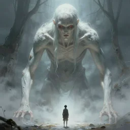 an immense beautiful terrifying pale humanoid giant looming over a tiny human. ethereal horror fantasy art by greg rutkowski and ilya kuvshinov