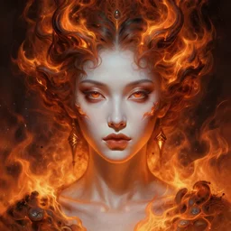 stunning goddess of fire portrait, pale skin, ashes, ember, fantasy, intricate, elegant, highly detailed, symmetrical face, digital painting, artstation, concept art, smooth, sharp focus, illustration, art by krenz cushart and artem demura and alphonse mucha and tony sandoval