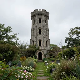 Photograph of the abandoned wizard\'s tower in the overgrown garden. Paul Caponigro.