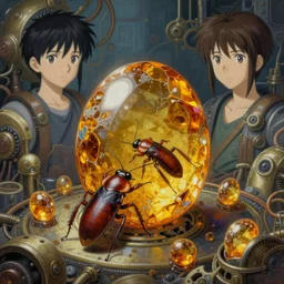 surreal gouache painting, by yoshitaka amano, by ruan jia, by Conrad roset, by good smile company, detailed anime 3d render of big  transparent amber stone , A cockroach and cockroach amber eggs,  portrait, cgsociety, artstation, rococo mechanical and Digital  and electronic, dieselpunk atmosphere