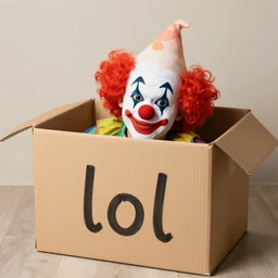 a cardboard box with a clown peeking out if it, and the words lol written on it, realistic
