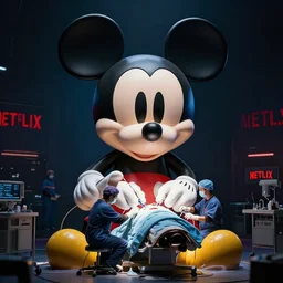 giant mickey mouse being operated on by several workers, large octane render, dark beeple art, incredible detail, netflix logo in background, dark studio, dystopian atmosphere, gigantic micky mouse statue being worked on,