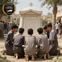 palestina boys criend in mother tomb, ai image upscaler, hyperrealistic, very details, pulitzer award winner