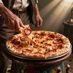 close up indiana jones stealing a pepperoni pizza, its sloppy wet and gross, that is on a pedastal painted by greg rutkowski