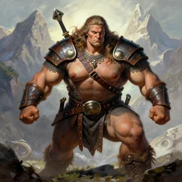 A very big and strong barbarian woman wearing leather armor and chainmail in the mountains | menacing | powerful broad robust body | Frank Frazetta