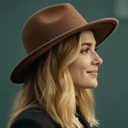 portrait of 2 0 - year - old woman with angle lost profile looking away, small smile, cinematic colors, medium yellow blond hair, brown hat, hair comes out of the hat a little
