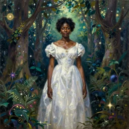 a celestial renaissance painting of a black woman wearing a white dress in the middle of a magical florest, oilpainting by william adolph boguereau, trending on artstation
