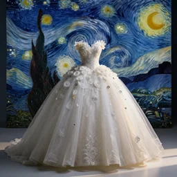 Stunning photograph of a magnificent and ethereal ball gown inspired by Van Gogh's Starry Night. Studio lighting