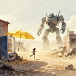 incredible wide screenshot, ultrawide, simple watercolor, rough paper texture, backlit distant shot of girl in a parka running from a giant robot invasion side view, yellow parasol in deserted dusty junk town, broken vending machines