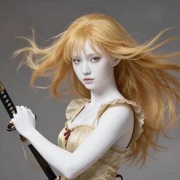 renaissance art elf girl with white skin, katana in hand, golden hair blowing the wind, trending artistic art, soft anime, dynamic photography, realistic face, extremely high detailed, bokeh color background, studio ghibly makoto shinkai yuji yamaguchi, wlop