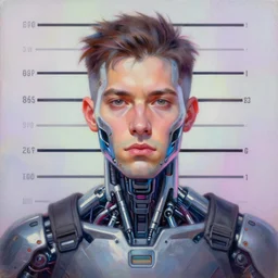 illustration of an male cyberpunk character wearing bionic implants, criminal mugshot, highly detailed, oil on canvas, soft lighting, neon pastel colors, by WLOP and Greg Staples, HD, 4K