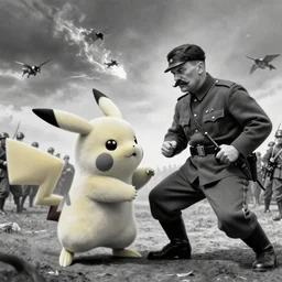 pikachu fighting stalin in ww 2 uniform and a mustache, fighting in world war 2, photorealistic, high detail, realistic, sharp focus, smooth edges, soldiers in the background! black & white!, dramatic, sky on fire with dogfights in the sky. wide angle. painting by eugene de lacroix