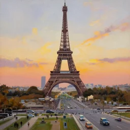 the Eiffel Tower at sunset, trending on art-station, oil painting, busy