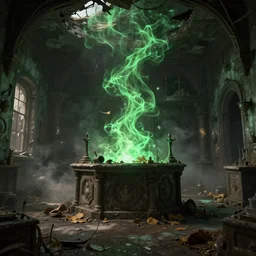 ruined, abandoned, magicians laboratory, seen from inside. Green whisps of magic illuminate parts of the room. Smoke. Dirt, leaves on ground. Octane render. Substance painter. Zbrush. Trending on artstation. 8K. Highly detailed.