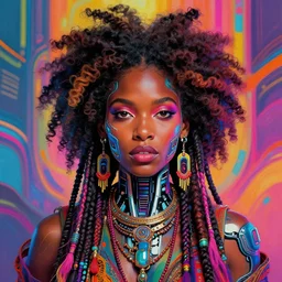 colorful portrait of a black woman hippie with cybernetics and a natural hair style, but set in the future 2 1 5 0 | highly detailed | very intricate | symmetrical | professional model | cinematic lighting | award - winning | painted by mandy jurgens | pan futurism, dystopian, bold psychedelic colors, cyberpunk, anime aesthestic | featured on artstation