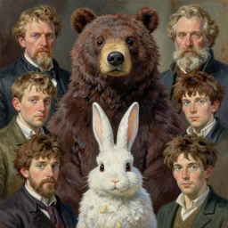 mixed media, painting by sargent and leyendecker and greg hildebrandt, james gurney, apollinaris vasnetsov, savrasov levitan polenov, studio ghibli style, porcelain organic tissue, detailed fur, bear rabbit hybrid character portrait, octane rendering