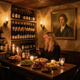 wine cellar full of food, torches on the wall, schnapps!, romantic, inviting, cozy, blonde! woman, painting Vladimir Volegov