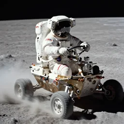 an astronaut driving his lrv lunar roving vehicle, photorealistic, nasa, motion blur, moon dust sonnar f 5. 6 / 2 5 0 mm