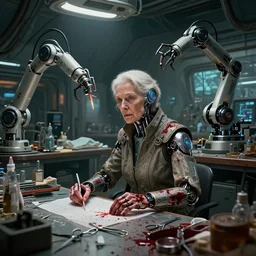 an environmental concept art of an elderly woman cyberneticist in a cluttered workshop by artgerm and greg rutkowski, surgical implements, surgery theatre, robotic arm, blood spatter, highly detailed, cinematic, dramatic, cyberpunk, dieselpunk, scifi space station, horror, ( bladerunner 2 0 4 9, cyberpunk 2 0 7 7 )