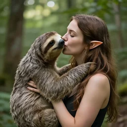 a beautiful gelfling woman kissing a sloth in a forest, bokeh, portrait, photography, 8 5 mm lens, f 1. 8