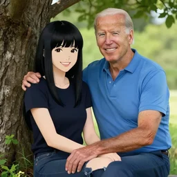 photorealistic Joe Biden meets a beautiful smiling anime girl with black hair and hime cut sitting under a tree, Stanley Artgerm Lau, WLOP, Rossdraws, Ilya Kuvshinov, artstation