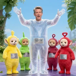 transparent ethereal jeff goldblum lording over the teletubbies
