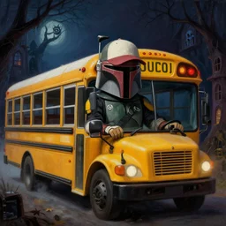 Boba Fett wearing a baseball cap driving a school bus in a haunted house, Painting by Leonardo Da Vinci