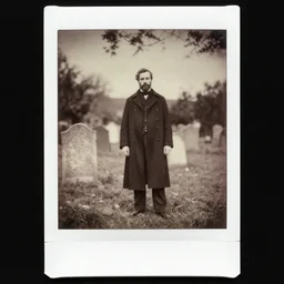 a sepia toned photo of a man standing in a graveyard, a polaroid photo by John Thomson of Duddingston, deviantart, gothic art, tintype photograph, ambrotype, calotype