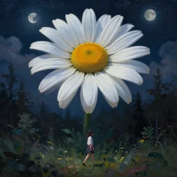 giant daisy flower above head, girl walking in forest, surreal photography, dark night, stars, moon light, impressionist painting, clouds, digital painting, artstation, simon stalenhag