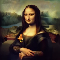 mona lisa eating a hamburger, panorama, suspicious, detailed, concept art, cinematic, dramatic, artwork by claude monet