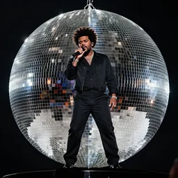 the weeknd inside a huge disco ball, wearing black jumpsuit and holding a microphone, hyper detailed, realistic, octane render, sharpness