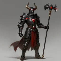 fantasy character illustration of a knight wearing complex black and red armor, two large horns on the helmet, holding a heavy raised flail, trending on artstation, digital art ( by jesper ejsing ) ( by clint cearley ) ( by raluca marinescu )