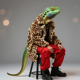 A studio photo of A Flamboyant Green scaled Lizard humanoid teenaged boy sitting on a stool wearing a leopard coat and Red Cargo Pants, he has a long crocodile like tail, bokeh, 90mm, f/1.4