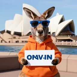 A portrait photo of an antropomorphic kangaroo wearing an orange hoodie and blue sunglasses in front of the Sydney Opera House holding a sign on the chest, subject: kangaroo, subject detail: wearing orange hoodie, wearing blue sunglasses, subject location: sydney opera house, subject action: holding sign