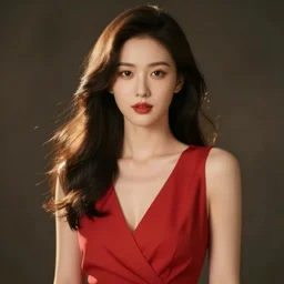 woman in a red sleeveless dress facing camera, blurry image, out of focus