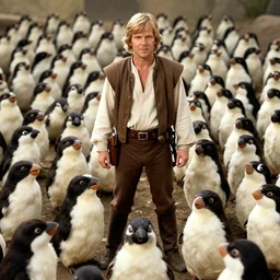 Mark Hamill as Luke Skywalker standing with a flock of 10,100 Porgs.