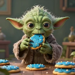 Yoda eating blue cookies, hyperdetailed, artstation, cgsociety, 8k