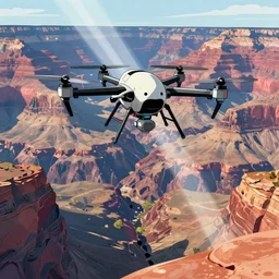 a detailed robotic ghost in the shell like drone flying above the great canyon, light rays, deep detailed rocks, cartoon style, concept art, illustration style, by moebius, studio ghibli, rtx hdr