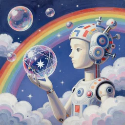 surreal gouache painting, yoshitaka amano, ruan jia, conrad roset, bubbles, orbs, incredibly detailed, of floating molecules and a mannequin artist holding an icosahedron with stars, clouds, and rainbows in the background, retrowave, modular patterned mechanical costume headpiece, artstation masterpiece, minimalistic