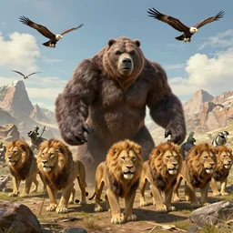 an army of robot mountain lions, robot grizzlies and fierce eagle drones