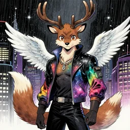 award winning beautiful portrait commission of a male furry anthro Black Reindeer fursona with a tail, wings and a cute beautiful attractive detailed furry face wearing stylish black and rainbow galaxy clothes in a outerspace city at night while it rains. Character design by charlie bowater, ross tran, artgerm, and makoto shinkai, detailed, inked, western comic book art