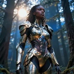 hyperrealistic very beautiful black woman, highly detailed exoskeleton armor in a forest, sun behind her, concept art eric zener elson peter, dramatic blue light low angle hd 8k sharp focus