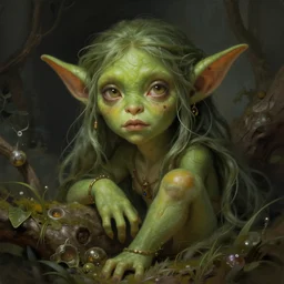 female goblin, green skin, small, D&D, fantasy, intricate, wild, highly detailed, digital painting, artstation, concept art, smooth, sharp focus, illustration, art by artgerm and greg rutkowski and alphonse mucha