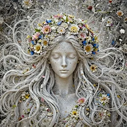 the white lady with long hairs and flowers in them, flower petals flying around in the background, art by James Jean and Wayne Barlowe, high detail, cinematic, cgsociety 8k