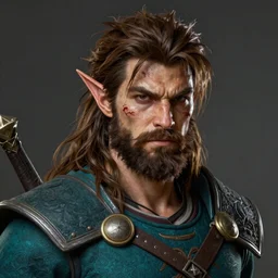 A striking hyper real portrait painting of arrogant half-elf ranger, scar on face, shaggy brown hair, scruffy beard, teal tunic, 4k, 8k, Apex Legends Concept Art, D&D Concept Art, unreal 5, DAZ, hyperrealistic, octane render, cosplay, RPG portrait, dynamic lighting