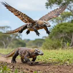 Flying komodo dragon chasing Steve Irwin