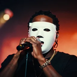 a photo of kendrick lamar wearing a maison margiela mask and performing, bokeh, color grading, filmic, dslr, velvia, vintage, spectral color, fire, burn, inferno, post - production, in a symbolic and meaningful style, insanely detailed and intricate, hypermaximalist, elegant, ornate, hyper realistic, super detailed